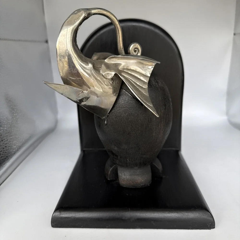 Black Bauhaus Beast Bookends‎ Art Deco Black Wood and Chrome Elephants